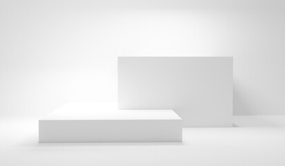 Poster - White background. White empty studio room with white geometrical forms cubes with spotlight and empty space. White table stage podium cubes empty white room template display