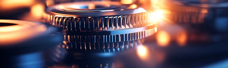 Leinwandbilder - A close-up view of interlocking metal gears with a warm glow, highlighting their intricate details and textures.