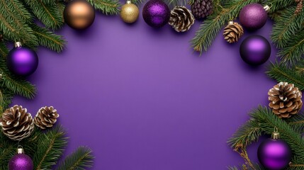 Canvas Print - Christmas tree branches with purple balls, cones on purple background