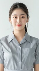 Poster - A young and beautiful Korean female model stood in front of a white background, her hair all combed back. She stood with a smile on her face, generative ai