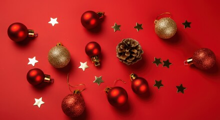 Wall Mural - red and gold christmas balls and pine cone lying on a red background create a festive atmosphere