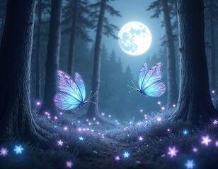 Wall Mural - Enchanting Creatures Illuminated by Moonlight in a Tranquil Forest