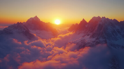 Wall Mural - breathtaking sunrise over the dolomites with mist rolling through the valley and glowing clouds illu