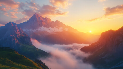 Wall Mural - breathtaking sunrise over the dolomites with mist rolling through the valley and glowing clouds illu