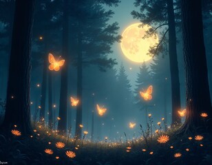 Wall Mural - Enchanting Creatures Illuminated by Moonlight in a Tranquil Forest