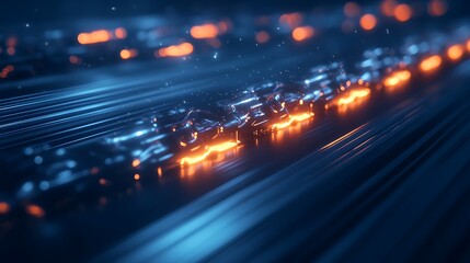 Poster - A close-up of glowing orange lights on a dark blue background, illustrating a digital or technological theme with a futuristic ambiance.
