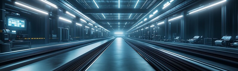 Poster - A sleek, futuristic warehouse illuminated by neon lights, featuring long conveyor belts and a high-tech atmosphere.