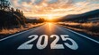 © horizon - Empty road with '2025' painted on asphalt, stretching towards a dramatic sunset with golden clouds and mountain landscape, featuring winding highway and sun rays for a journey theme.