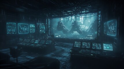 Leinwandbilder - A dimly lit, futuristic control room filled with glowing screens and abstract technology, evoking a sense of mystery and advanced innovation.