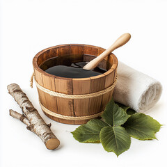 Sauna equipment. Wooden buckets, towel and ladle. Decor with birch leaves. Isolated on white background