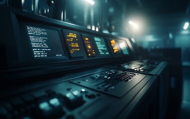 Aufkleber - A futuristic control panel with illuminated displays and buttons, set in a dimly lit environment, suggesting a high-tech atmosphere.