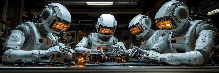 Leinwandbilder - A group of robotic arms meticulously assembling various mechanical components and parts in a high-tech industrial factory setting.