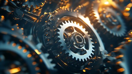 Leinwandbilder - A close-up view of interlocking metallic gears, reflecting light, showcasing intricate mechanical design and precision engineering.