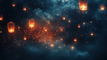 Wall Mural - A surreal scene of multicolored kites floating against a backdrop of stars, clouds, and a moonlit sky.