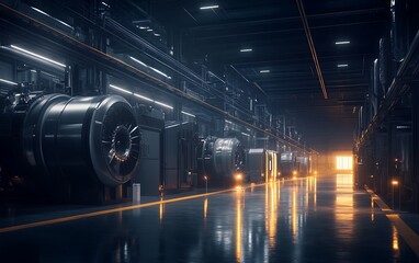 Aufkleber - A futuristic industrial setting with large machinery, reflective floors, and dramatic lighting creating a mysterious ambiance.