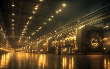 Poster - A dimly lit industrial space featuring large machinery, with reflective surfaces creating a warm glow from overhead lights.
