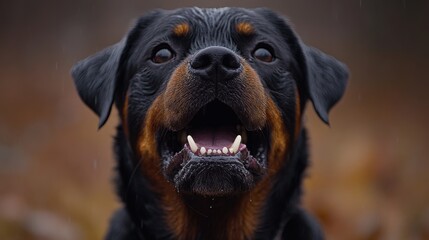 Rottweiler dog barking with intense expression, open mouth showing teeth, protective breed, fierce look, alert guard dog, close-up, animal face, outdoors, security concept