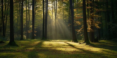 Wall Mural - Gentle sunlight filters through stately trees, casting serene shadows on the peaceful forest floor.