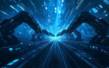 Poster - A futuristic scene with robotic arms reaching toward a bright, illuminated core, set in a high-tech environment filled with dynamic blue light.