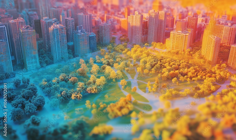 Heatmap of an urban landscape during a heatwave, with vibrant colors ...