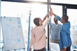 © peopleimages.com - Business, people and smile with high five at office for teamwork, collaboration and ideas. Boardroom, employees and synergy with happiness for brainstorming, strategy and planning with paperwork