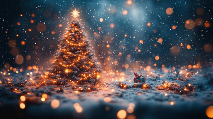 holiday tree illuminated against shimmering night sky