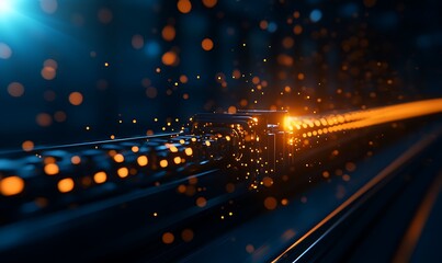 Poster - A luminous orange beam travels along a dark metallic surface, surrounded by sparkling particles in a futuristic setting.