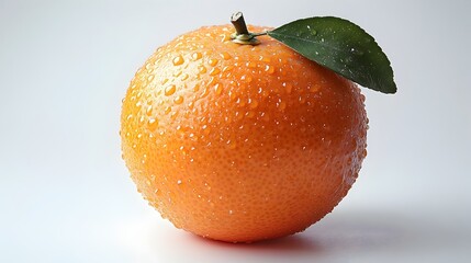 Poster - Close-up photograph of a single,ripe and juicy orange fruit with water droplets on the skin and a green leaf attached. The orange is placed on a simple.