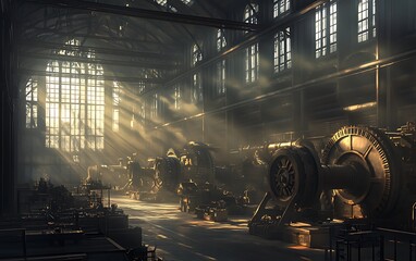 Poster - A dimly lit industrial space with shafts of light illuminating large machinery, creating a dramatic and atmospheric scene.