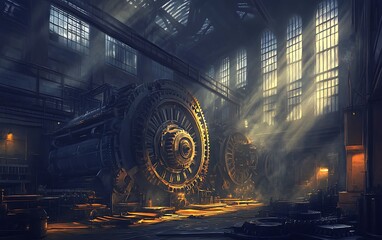 Poster - A dimly lit, grand room featuring a large, ornate gear mechanism bathed in golden light, creating a mysterious, enchanting atmosphere.