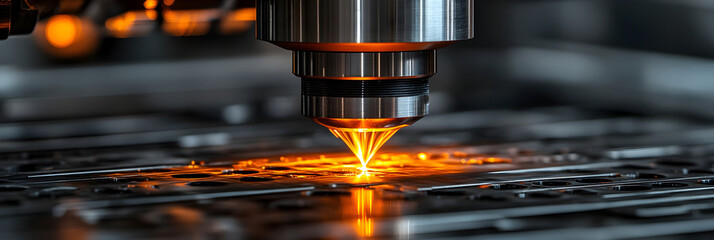 Aufkleber - Close-up view of a high-precision industrial laser cutting machine in action,creating sparks and intense light as it precisely cuts through metal in a modern,state-of-the-art manufacturing facility.