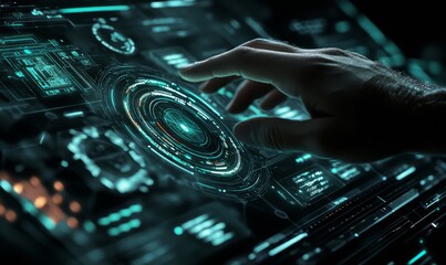 Hand interacting with futuristic digital interface technology, dark background