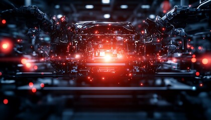 Poster - A futuristic, glowing mechanical core surrounded by intricate machinery and vibrant red lights, suggesting advanced technology and innovation.