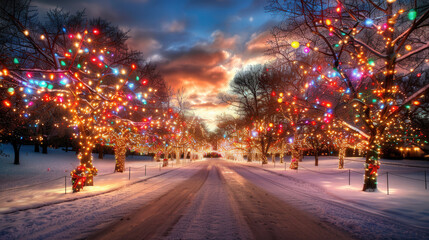 Wall Mural - serene winter scene featuring snow covered road lined with vibrant, twinkling holiday lights on trees, creating magical atmosphere at dusk