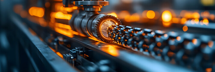 Poster - Close-up view of intricate metalworking machinery and industrial equipment operating in a large manufacturing plant or factory setting.
