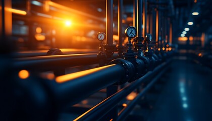 Poster - A detailed industrial scene featuring metallic pipes and gauges, illuminated by warm light, suggesting a functioning machinery environment.
