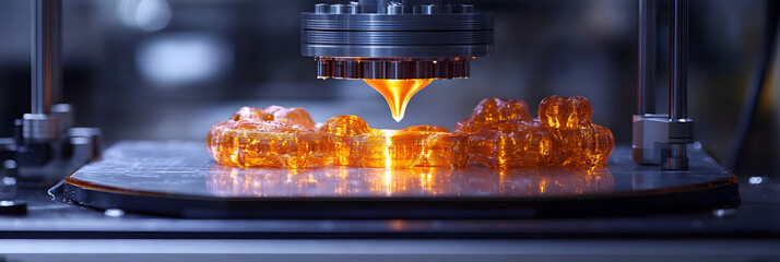 Leinwandbilder - Close-up view of metallic and plastic 3D printed objects being fabricated through an additive manufacturing process using a high-tech 3D printer.