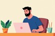 © SimpleDesignStudio - Illustrated Man Working on Laptop at Home Office Desk with Plant and Coffee - Perfect for Freelance, Remote Work, or Business Concepts