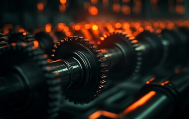 Aufkleber - Close-up of interlocking metallic gears in an industrial setting, illuminated by a warm glow, highlighting the intricate details and craftsmanship of machinery.