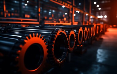 Leinwandbilder - A close-up view of industrial gears illuminated by orange lighting, showcasing a blend of modern manufacturing and technology.