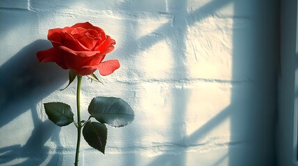 Poster - Dramatic close-up shot of a lush,vividly red rose blossom. The flower is in full bloom,with delicate petals and a long,green stem. Soft shadows and ethereal lighting create a romantic.