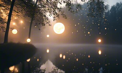 Wall Mural - bright floating orbs in a dark foggy environment with ethereal, soft-focus lighting