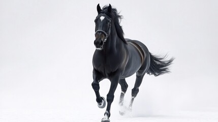 A majestic black horse gallops gracefully against a minimalistic white backdrop, showcasing strength and elegance in motion.