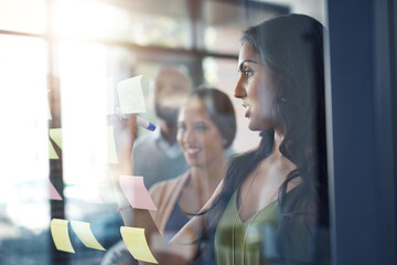 Poster - Glass, workshop and writing with business people in office for coaching, meeting or planning. Collaboration, seminar or training with employee team at work and sticky notes on window for development