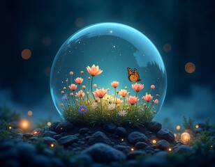 Wall Mural - Magical Creatures Encased in a Crystal Ball, Glowing with Mystery and Enchantment