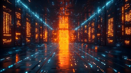 Poster - Futuristic digital cityscape with glowing neon-lit tunnel corridor and illuminated,abstract architectural structures. Surreal,vivid,and visually captivating scene of technology,progress.