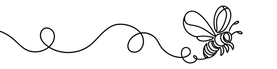 One continuous line illustration of a bee, isolated on white background. Line art of bee
