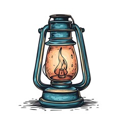 a vintage, hand-drawn illustration of a kerosene lantern with a lit wick inside.