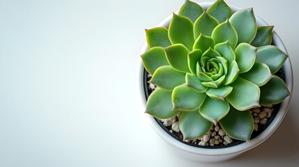 Fototapete - Lush Green Succulent Plant in Ceramic Planter on Peaceful Tabletop. Close-up view of a beautiful ornamental succulent houseplant growing in a modern minimalist pot,surrounded by a clean.