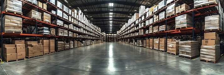 Poster - Organized warehouse interior with rows of tall shelving units stacked with cardboard boxes and packages.